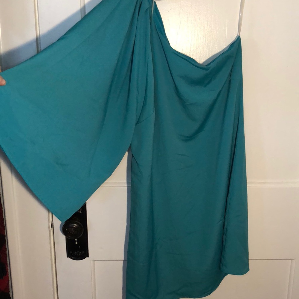 Boutique one shoulder bell sleeve teal dress